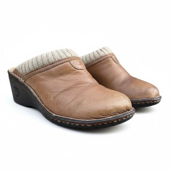 UGG Women's Gael Wedge Slip-on Winter Clogs Brown Leather Shearling Size 7 - Picture 13 of 13